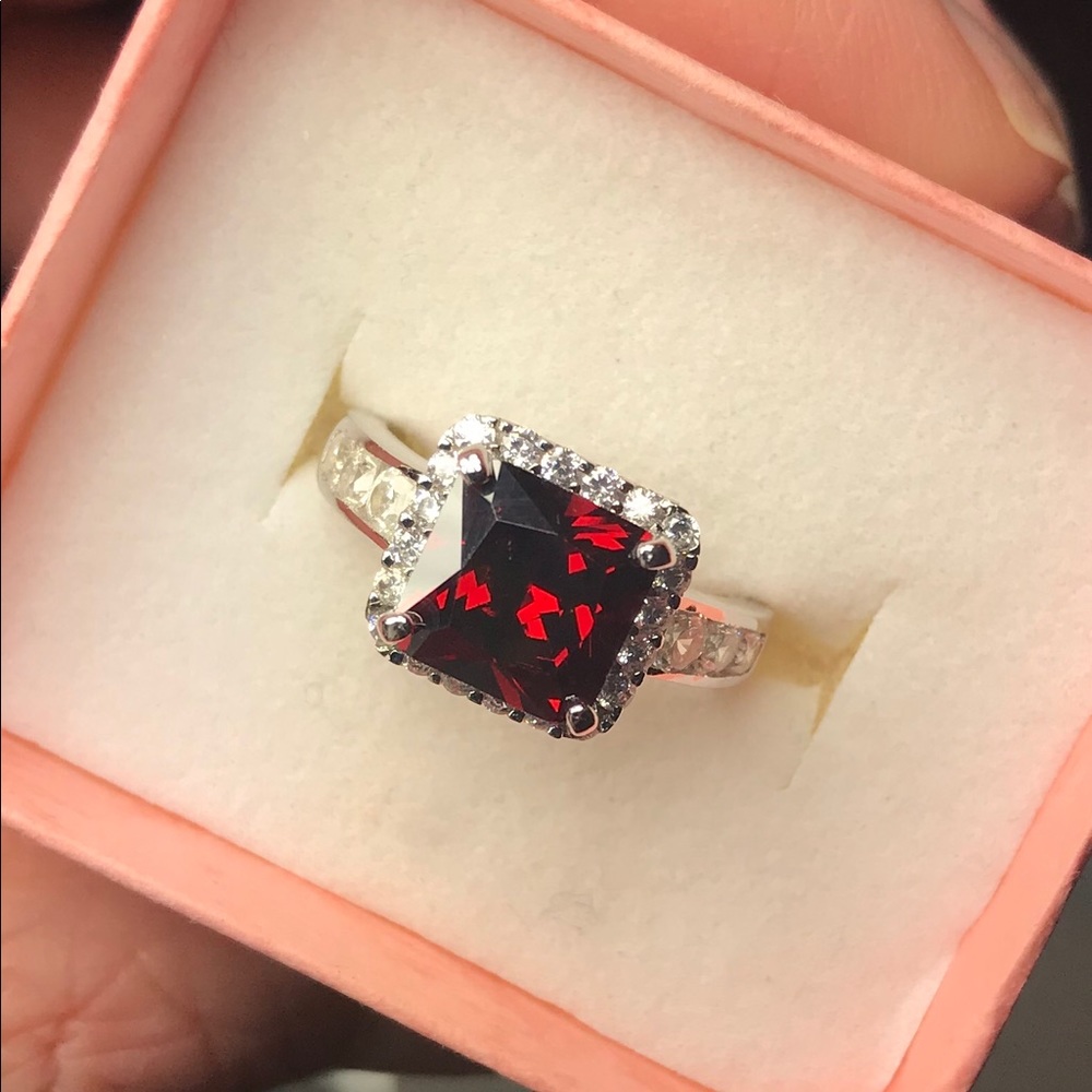 Square Garnet CZ Sterling Silver Ring